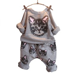 חליפת טרניג אפורה אופנתית עם הדפס חתול לילדה